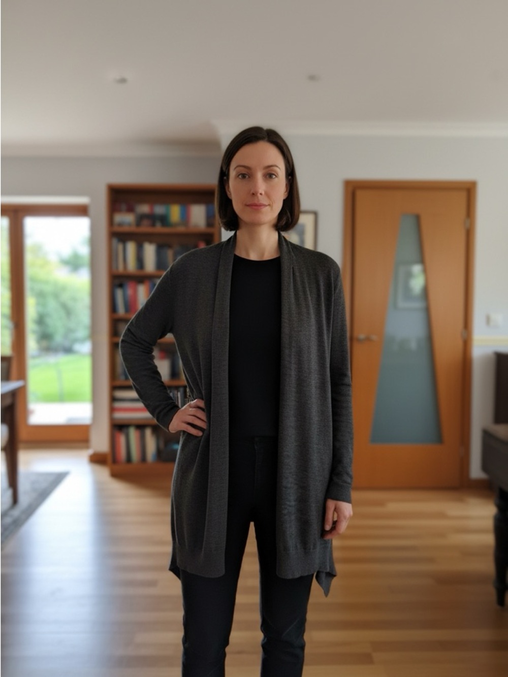 Theory Charcoal Gray Wool Open Front Waterfall Cardigan Sweater Size M